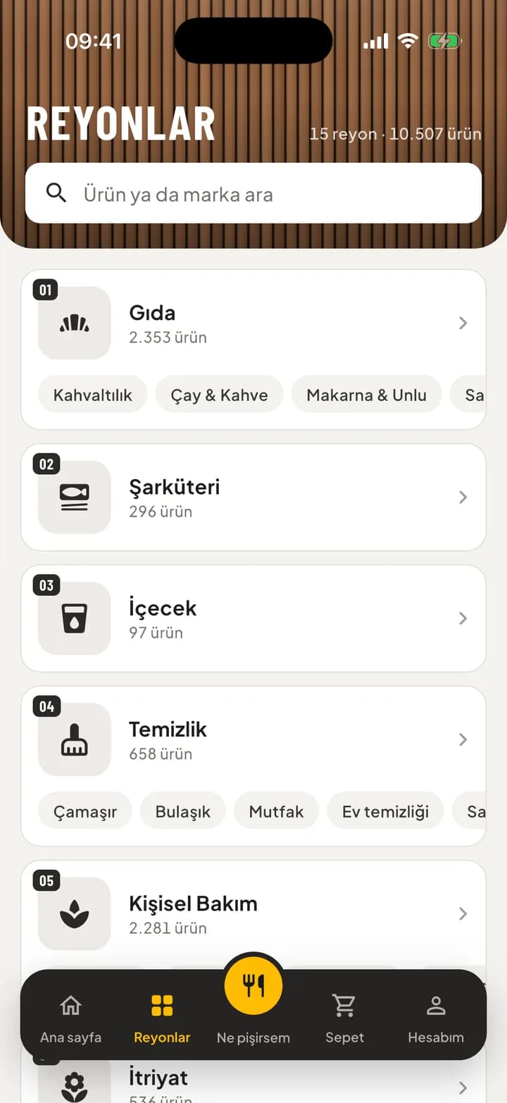 Reyonlar ekranı: Gıda, Şarküteri, İçecek, Temizlik, Kişisel Bakım ve ürün sayıları