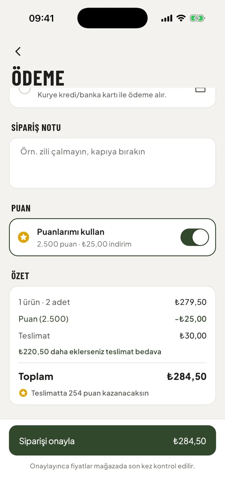Ödeme ekranı: puan kullanımı, teslimat ücreti ve toplam