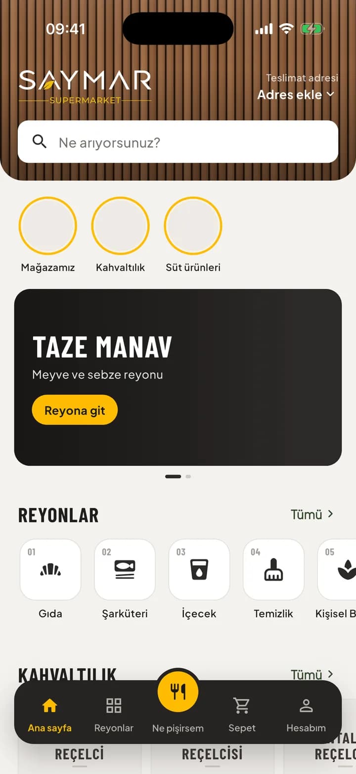 Saymar uygulamasının ana sayfası: arama, hikayeler, Taze Manav bannerı ve reyonlar