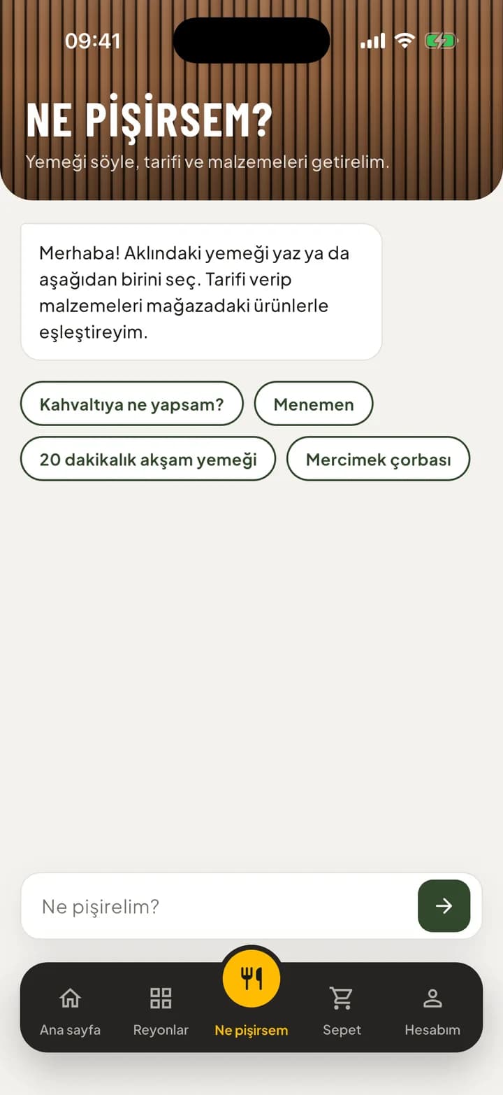 Ne pişirsem ekranı: karşılama mesajı ve hazır sorular